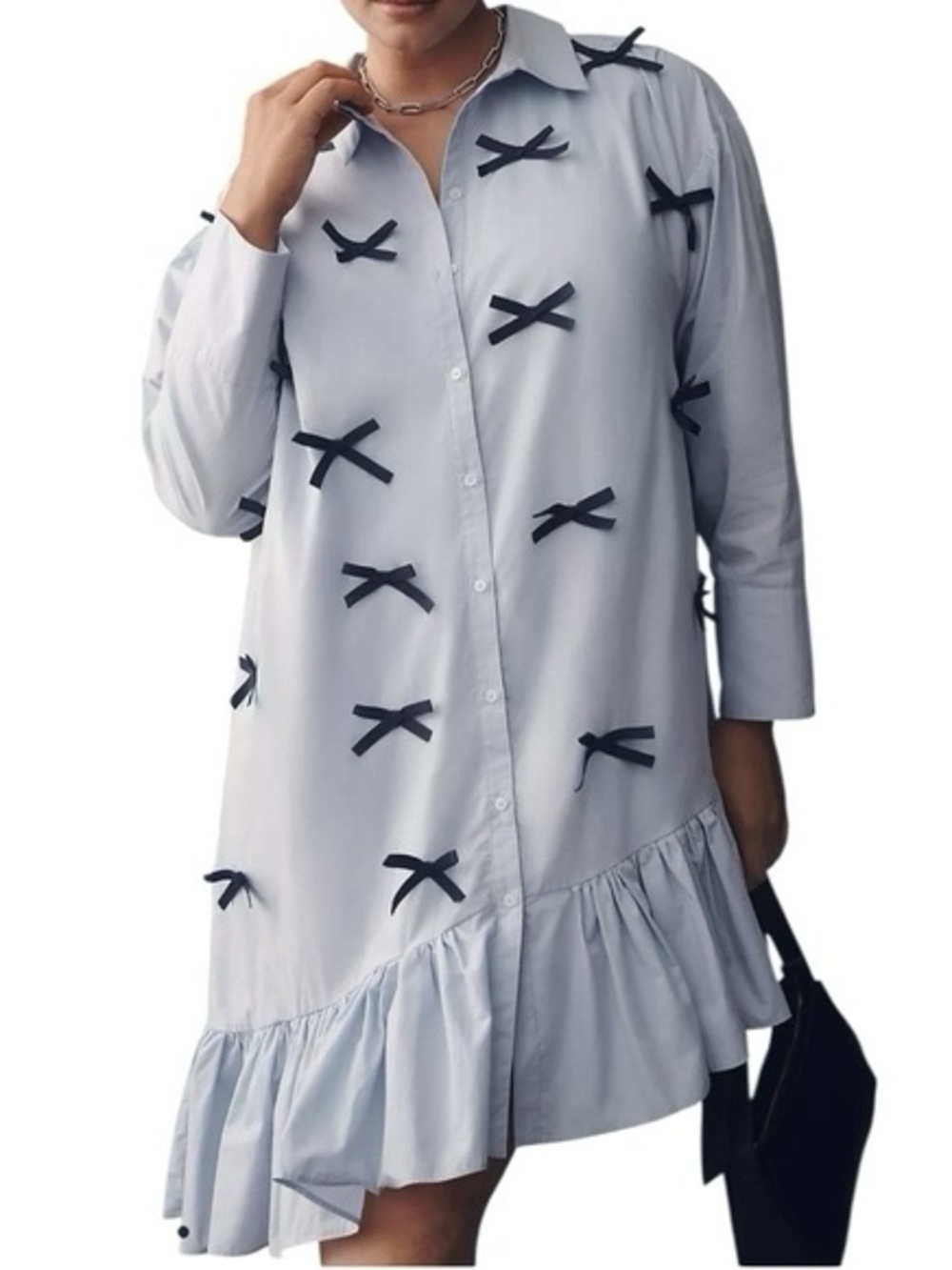Maeve 100% Cotton Light Blue Bow-Accent Ruffle Shirt Dress